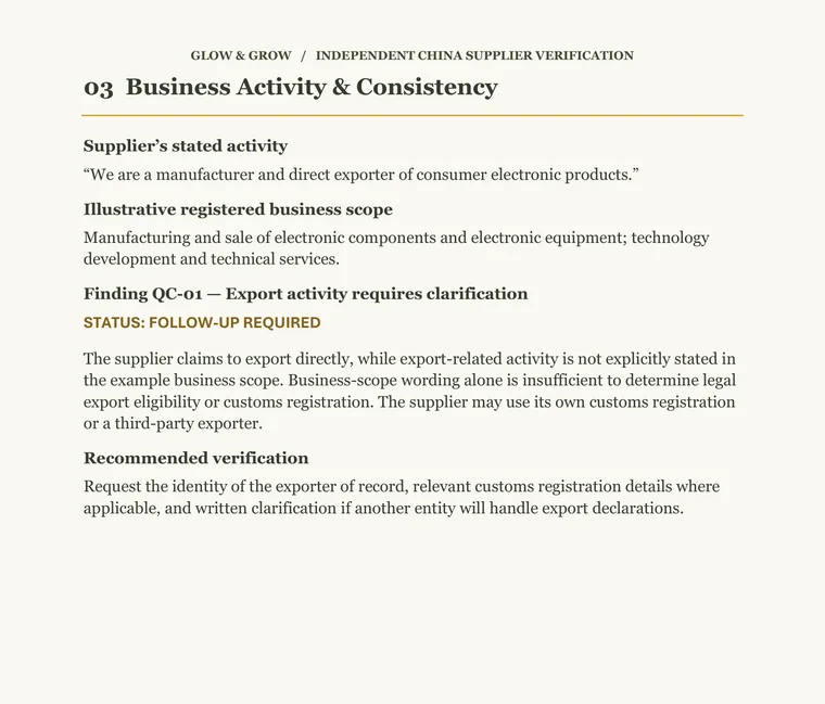 First page of the Glow & Grow Quick Supplier Check sample report.